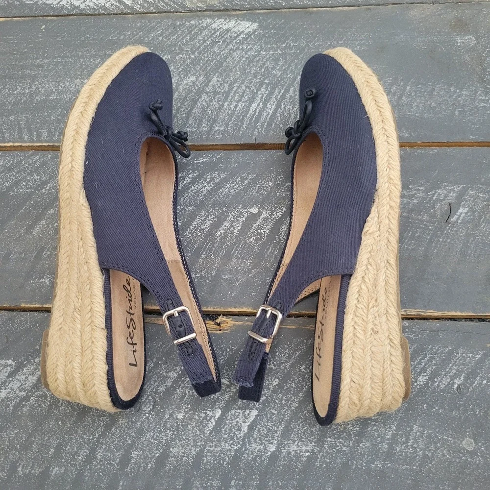 Life Stride‎ Keepsake Women's Espadrille Sandals 8.5W Navy Adjustable Heels New